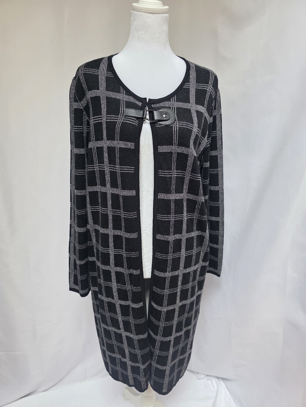 Kasper Black & White Grid Print Open Front Cardigan Size M